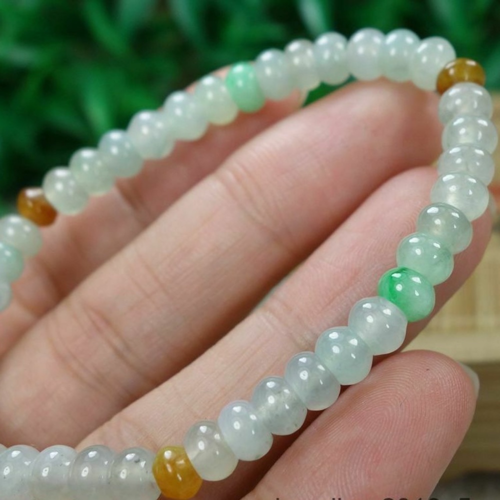 Certified Icy White+Green+Yellow 100% Natural A Jadeite jade Beads Bracelet 手链